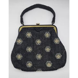 Vintage Corde Bead Beaded Handbag Purse Black Floral Burst Pattern